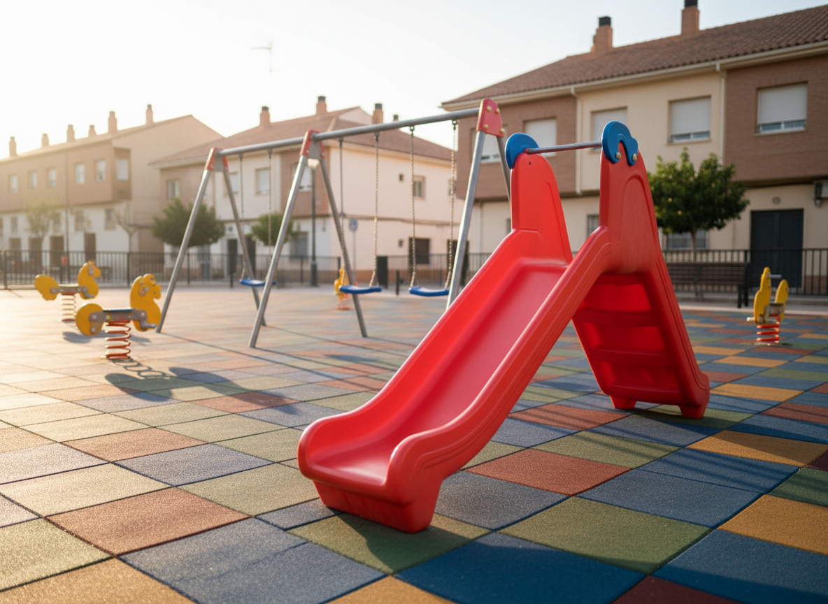 Un parque infantil urbano vacío, perfectamente cuidado, con columpios de asiento de goma azul, un pequeño tobogán rojo brillante y balancines de muelles amarillos sobre suelo de caucho multicolor. Al fondo se distinguen edificios bajos típicos de una ciudad mediterránea, con fachadas claras y tejados rojizos. La escena está iluminada por una luz dorada de última hora de la tarde, que resalta los colores vivos de las estructuras y proyecta sombras largas y suaves. La toma es fotográfica, a la altura del suelo, enfocando en primer plano el tobogán y desenfocando levemente el entorno. El ambiente es alegre y acogedor, sin gente, transmitiendo la idea de espacios preparados para actividades infantiles al aire libre en Badajoz.
