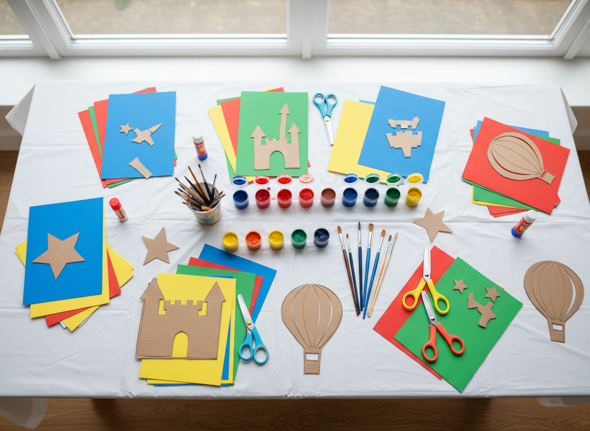 Una mesa de manualidades familiar vista desde arriba, cubierta por un mantel plástico blanco impoluto, repleto de materiales coloridos: cartulinas de colores brillantes, tijeras de punta redondeada, pegamento en barra, pinceles limpios y témperas abiertas ordenadamente, además de pequeñas figuras de cartón medio recortadas que representan castillos, estrellas y globos. La iluminación es clara y uniforme, como de una gran ventana cercana en un día ligeramente nublado, sin sombras duras. La composición fotográfica tipo vista cenital resalta el orden dentro del aparente desorden creativo. El estilo es realista, muy nítido y luminoso, transmitiendo un ambiente de creatividad organizada y preparado para talleres y actividades infantiles de interior para distintas edades.