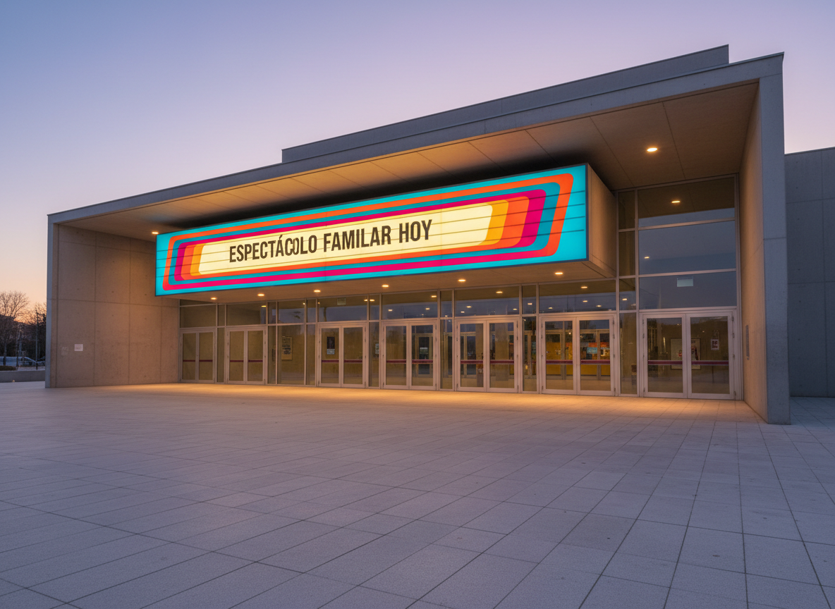 La fachada reconocible de un teatro o auditorio moderno, sin logotipos, con grandes puertas de cristal y un amplio cartel genérico retroiluminado que anuncia “Espectáculo Familiar Hoy” en letras sencillas, sobre un fondo de colores vivos. No hay personas ni vehículos, solo la arquitectura limpia y contemporánea sobre una plaza pavimentada. La escena está captada al atardecer, con luz suave y algunos focos cálidos encendidos bajo el voladizo, creando reflejos en los cristales y un ambiente acogedor. Composición fotográfica frontal ligeramente angulada, con líneas de perspectiva que llevan la mirada hacia la entrada. El estilo es realista y profesional, evocando la oferta de teatro, música y espectáculos para familias en Badajoz.