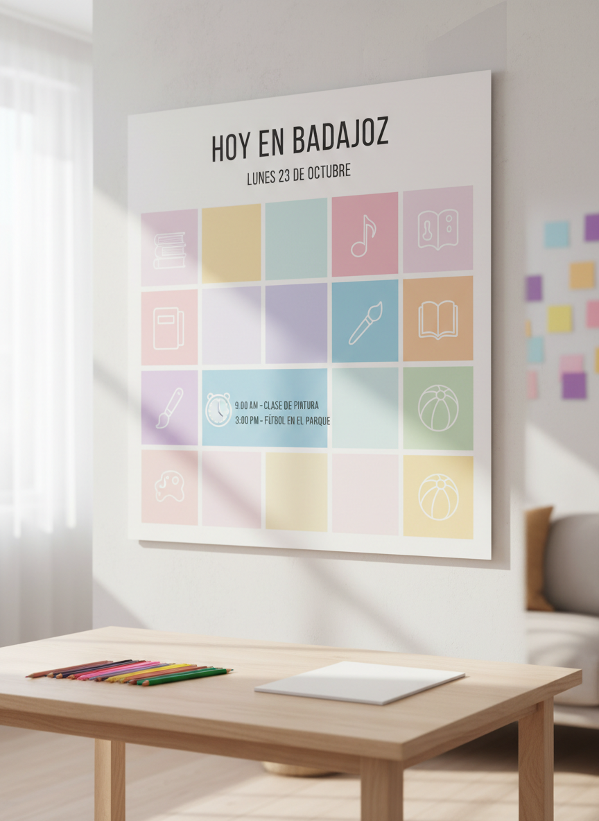Un gran calendario mural limpio y moderno, con casillas amplias de colores suaves para cada día, mostrando iconos claros de actividades infantiles como libros, pelotas, pinceles y notas musicales, todo sin personajes. El calendario está sobre una mesa de madera clara en una sala luminosa, junto a lápices de colores cuidadosamente alineados y un bloc de notas en blanco. La luz natural de una ventana lateral entra en suave diagonal, creando reflejos delicados en la superficie satinada del papel y sombras muy sutiles. Composición fotográfica a nivel de mesa, con ligera profundidad de campo que deja el fondo ligeramente desenfocado. Estilo realista, profesional y muy ordenado, transmitiendo organización, planificación familiar y claridad visual para las actividades de hoy en Badajoz.
